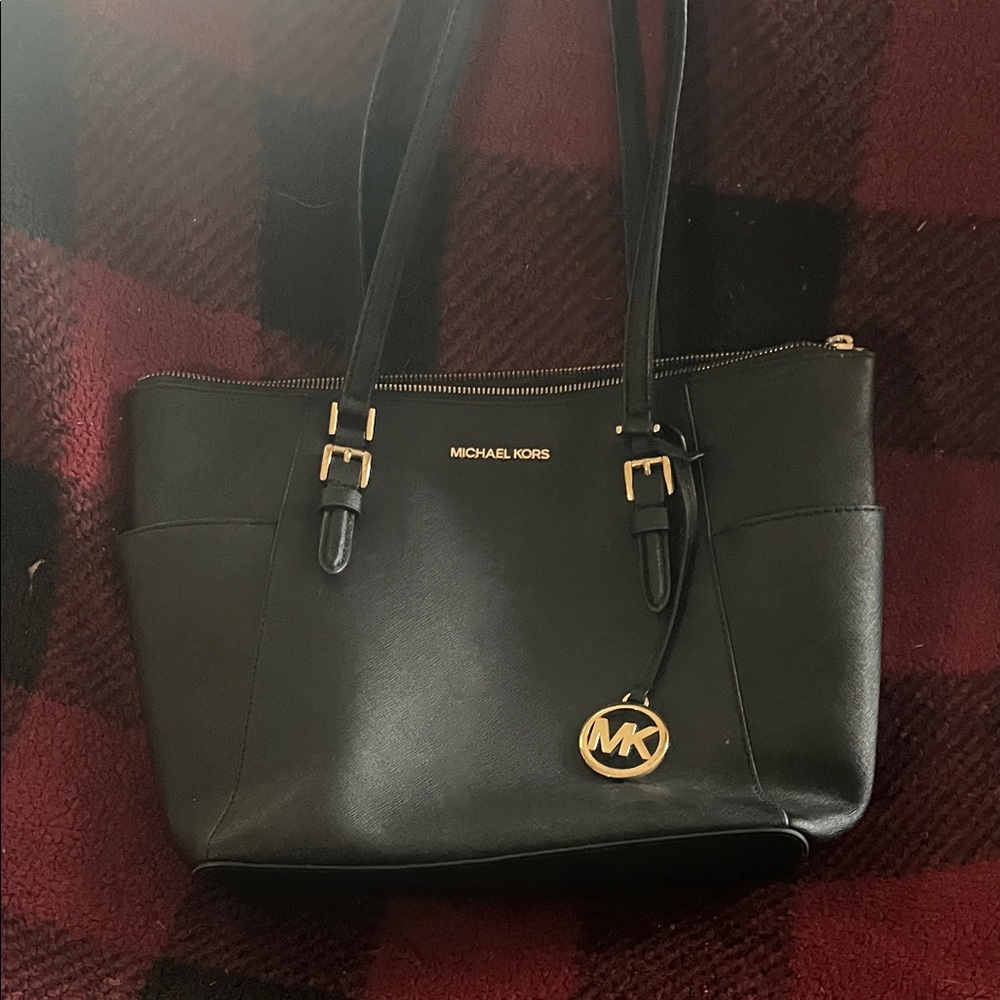 Michael Kors Black Leather Shoulder Tote with Gold Accents
